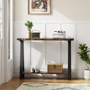 Farmhouse Console Table, 2-Tier Narrow Sofa Side Table with v-Shaped Legs, 43.3" Rustic Wood and Metal Frame Entryway Table for Living Room, Hallway, Behind Couch
