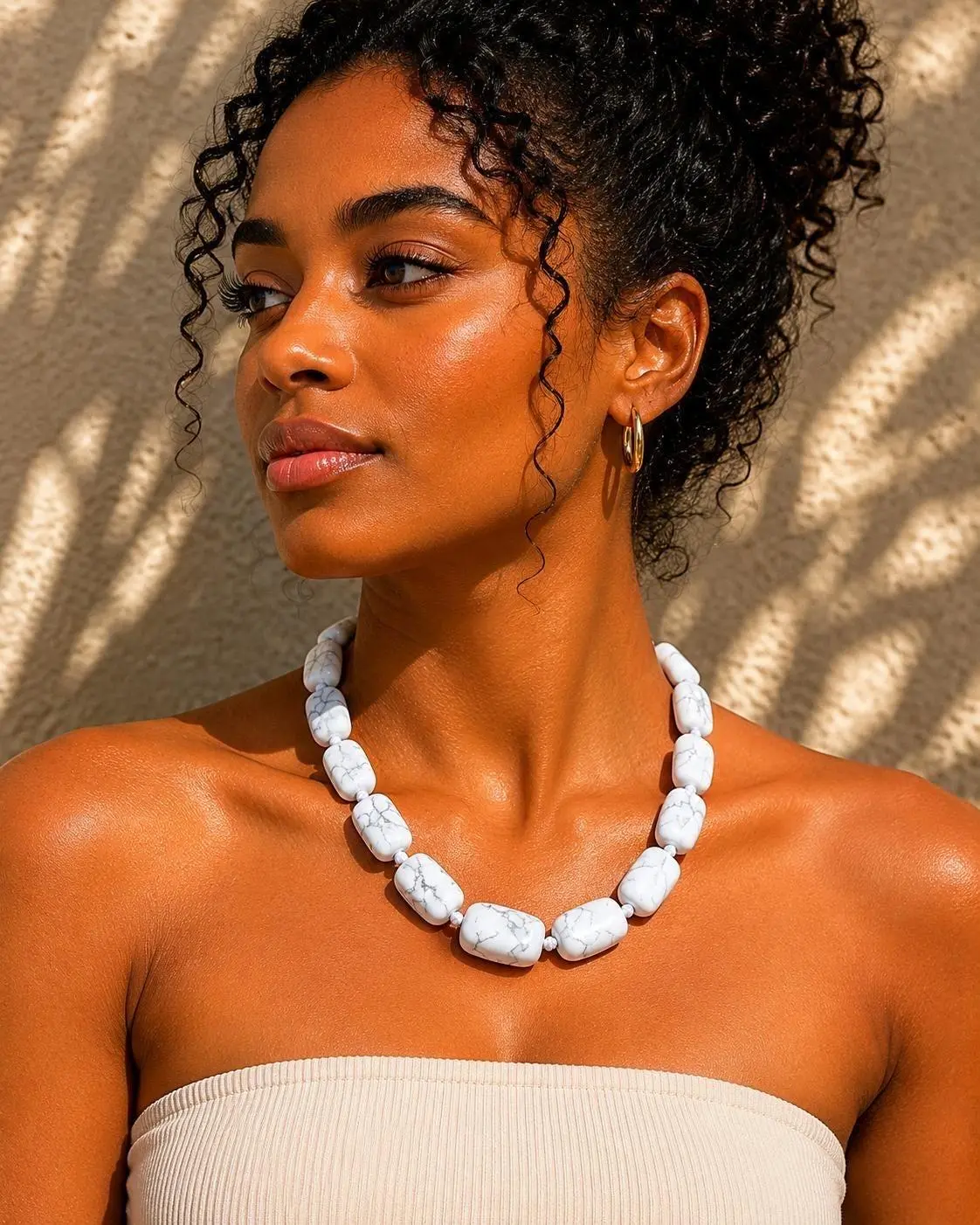 Unisex White Howlite Beaded Necklace, Natural Stone Statement Necklace, Chunky Gemstone Jewelry, Boho Necklace