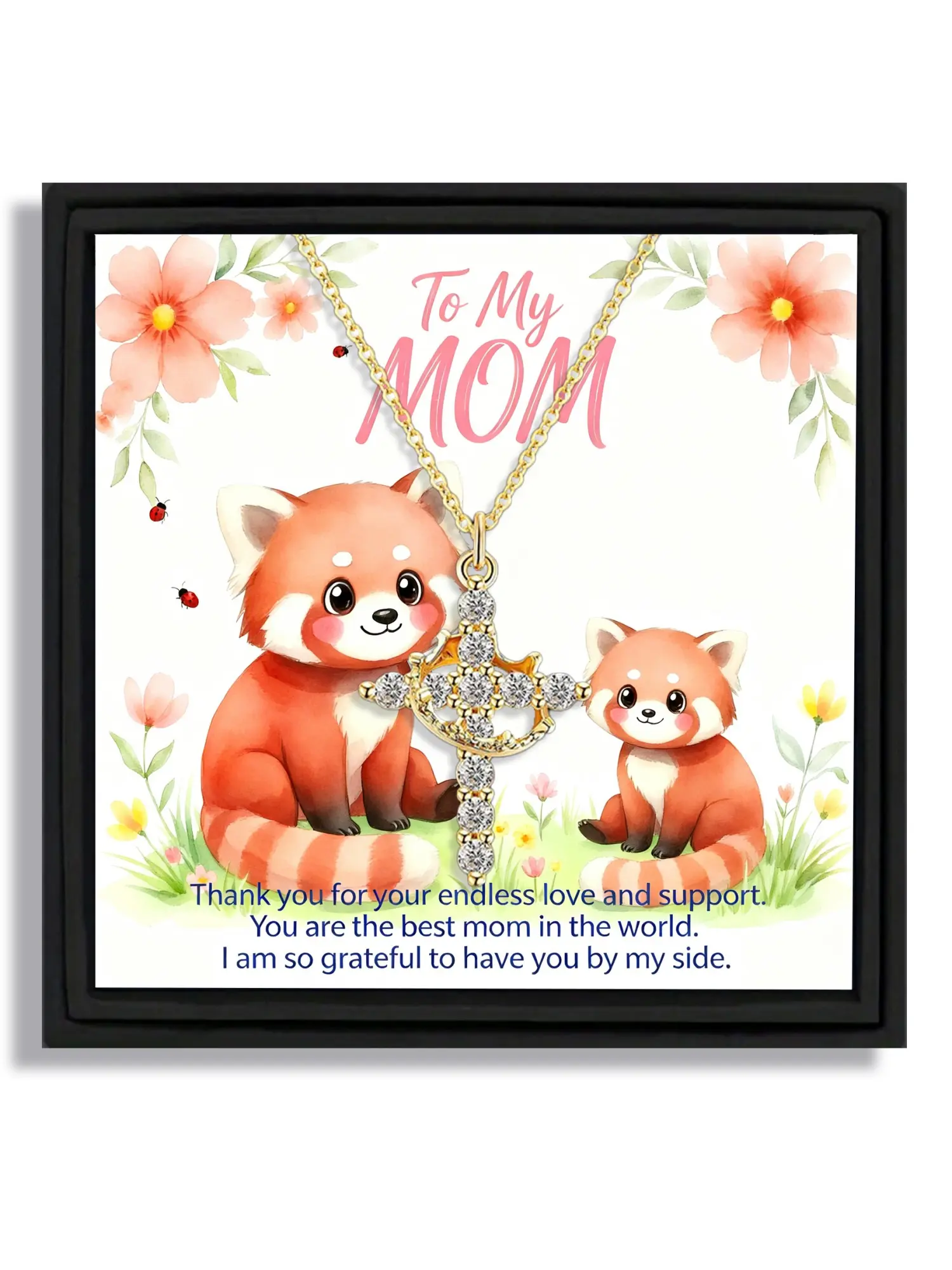 For Mom Mother's Day warm style red panda design crown cross pendant necklace gift box with blessing card and box