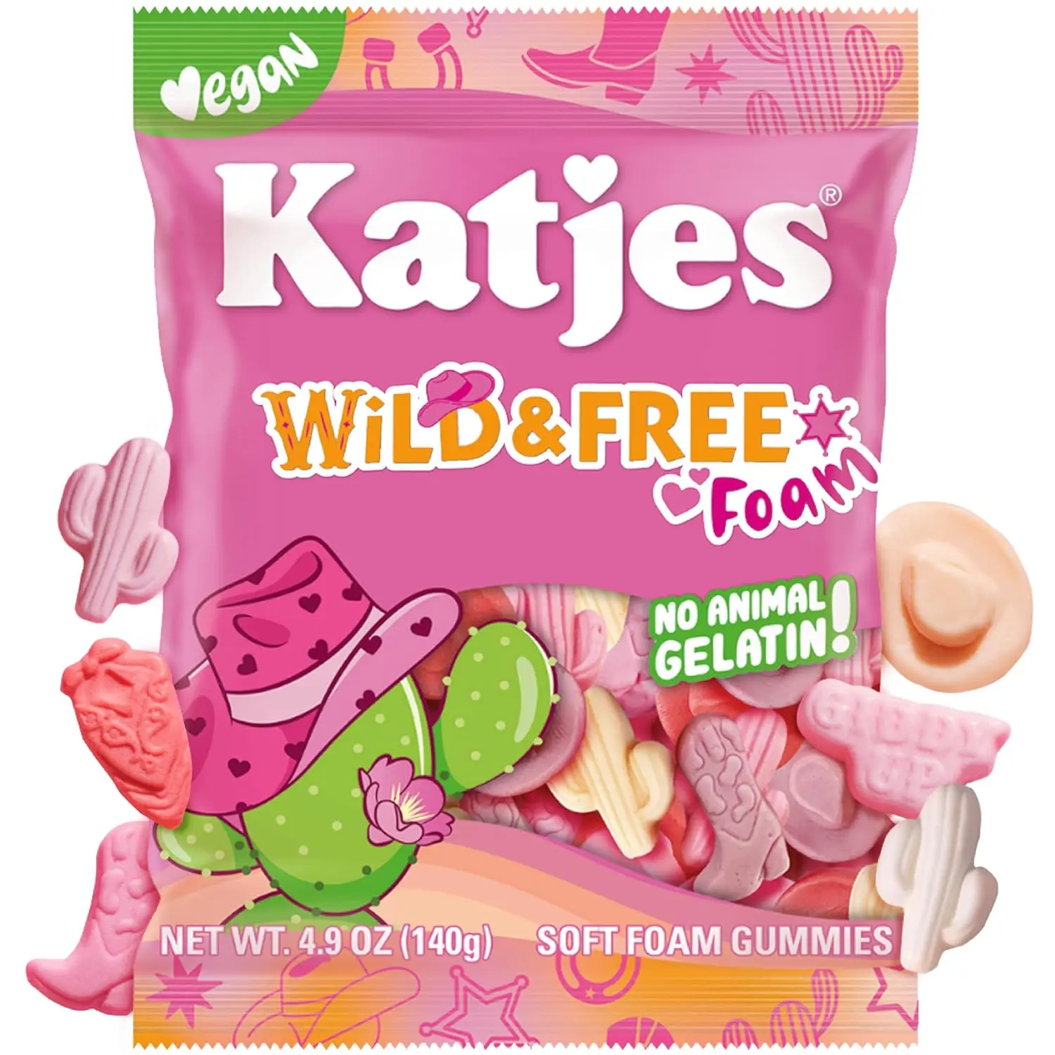 Katjes Wild and Free Foam Fruit Vegan Gummy Candy, Cowgirl Shapes, 4.9oz