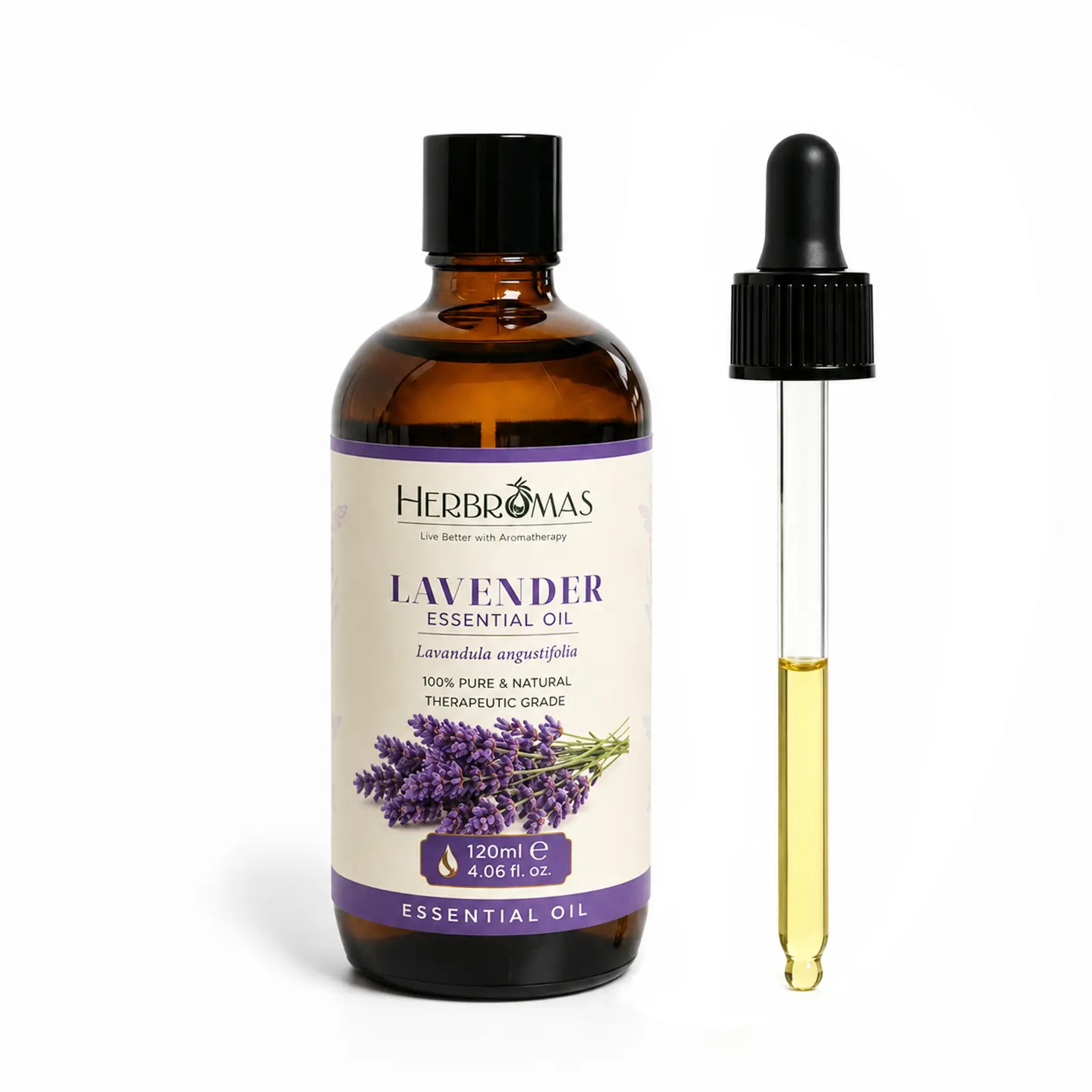 HERBROMAS Pure Lavender Essential Oil 120ml (4.06 fl oz) - Nature, Vegan, Relaxing Skin & Hair Solution for Diffuser, Aromatherapy, High-Quality Dry Skin Care & DIY Projects