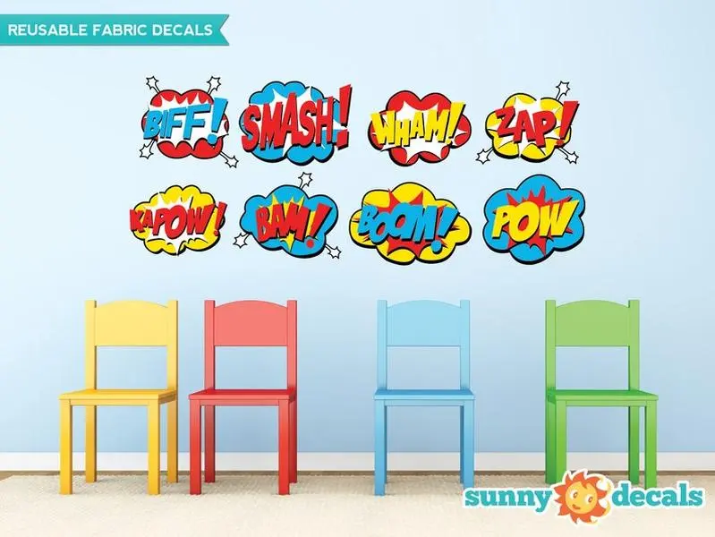 Superhero Fabric Wall Decals, Set of 8 Comic Book Word Bursts, Pow, Boom, Smash, Wham and more, 2 Sizes to Choose From, Repositionable