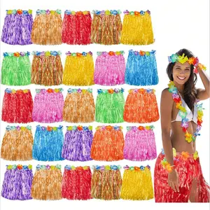 10-Piece Hawaiian Grass Skirt Set, Tropical Summer Beach Vacation Dress, Party Decoration, Floral Garland, Hawaii Party Supplies