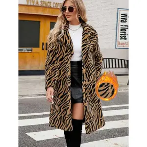 Women’s faux fur coat over the knee mid-length jacket, elegant leopard print winter outerwear, thick woven fabric, fitted style