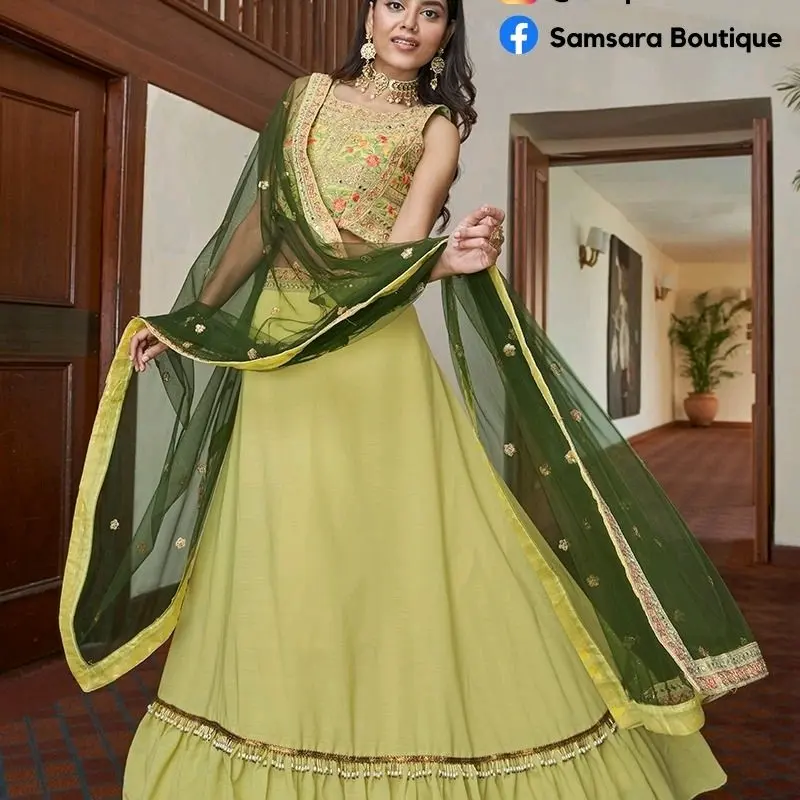 kantha Lime Yellow sleeveless Lehenga choli