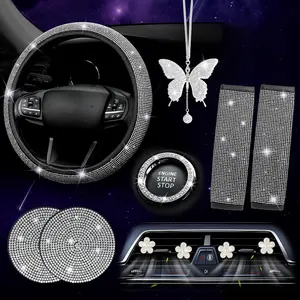 11 PCS Bling Car Accessories Set for Women Steering Wheel Covers Butterfly Hanging Seat Belt Cover Cute Air Vent Clips Coasters Glitter Diamond AUTO Interior kit (White)