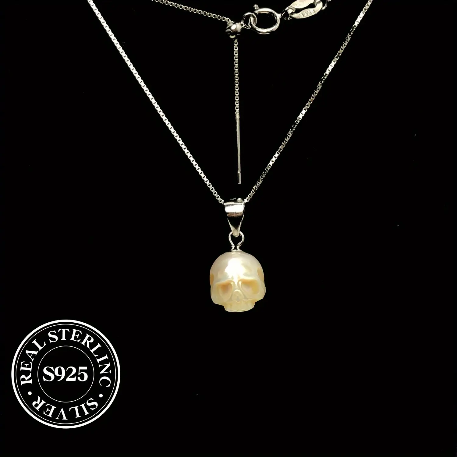 S925 Silver Adjustable Gothic Freshwater Pearl Skull Pendant Necklace - For Daily Party Wear, Ideal for Achieving Gothic Look