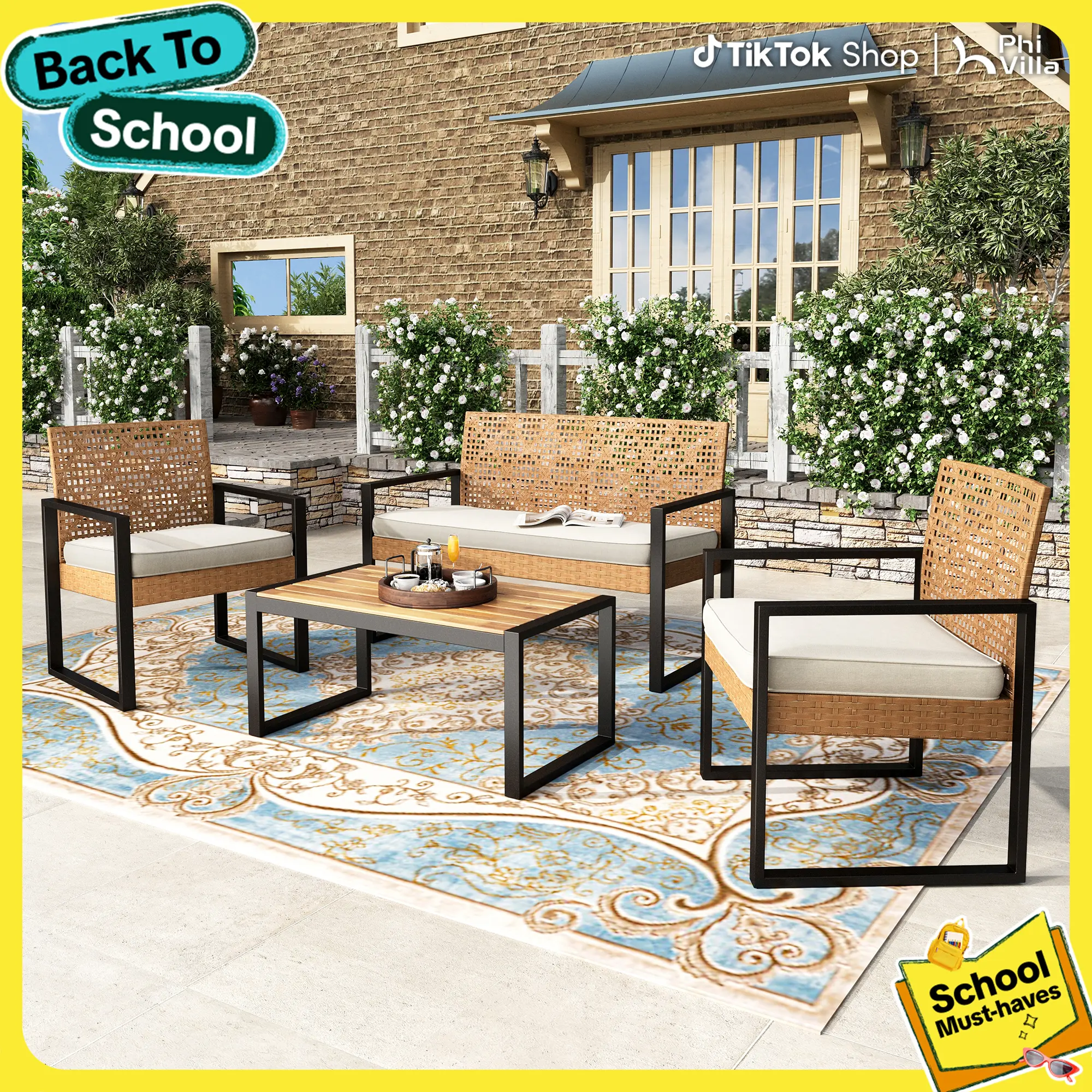 PHIVILLA Outdoor Wicker Patio Furniture Set, Cushioned Rattan Loveseat & Chairs, Rattan Sofa Set with Acacia Wood Coffee Table, Elegant All-Weather Seating for Garden, Backyard & Poolside, Home Decor, TikTokShopBackToSchool