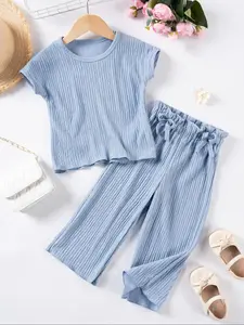 Two-Piece Set Toddler Girl's Solid Drop Shoulder Tee & Bow Front Pants Set, Casual Short Sleeve Round Neck T-Shirt & Paper Bag Waist Trousers, Summer Outfits 2024, Kids Summer Clothes