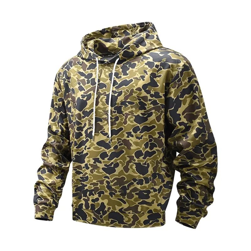 Men’s trendy moderately loose fit camouflage print hooded sweatshirt; versatile retro camouflage color scheme with a cohesive, all over camouflage pattern; reinforced seams at the hood, cuffs, and hem, equipped with durable drawstrings; fabric resists def