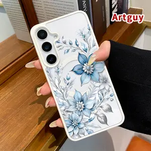 Magnetic Phone Case Supports Wireless Charging compatible with Samsung Galaxy S23 Ultra S24 Plus FE S25 S22+ Azure Floral Grace Pattern Non-Yellowing Shockproof Soft Silicone Transparent Acrylic Cover