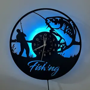 Fishing Theme Nautical Fisherman Clock, Silent Movement, Modern Style Round Wall Clock, Bedroom Living Room Decor, Birthday Christmas Gift