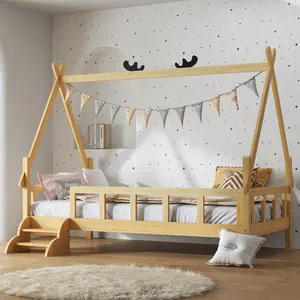 Soges Full Size Kids Bed Frame, Low Single Bed Frame for Children, Solid Pine Wood Toddler Bed with House Roof Design, Space-Saving Platform Bed for Bedroom, 350 lbs Capacity