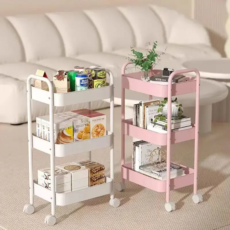 Freestanding 3-Tier Heavy-Duty Carbon Steel Rolling Cart with Silent Castors, Narrow Airflow Mesh Bins, 20 - 25 Kg Capacity, Easy Assembly Corner Space Saver Organizer for Bathroom, Laundry Room (White/Pink)