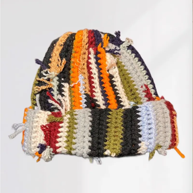 Kids ‘Chaos' Scrap Yarn Crochet Beanie - Colorful Striped Design for Unique Style Acrylic Material Cozy Comfortable Fit