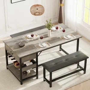 Vintage 3 Piece Dining Table Set for 4 Retro Kitchen Table with Upholstered Benches Storage Drawers Wine Rack Metal Frame MDF Rustic Dining Room Set for Small Space Apartment, Grey