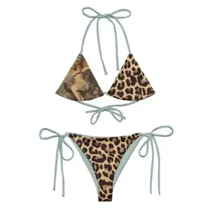 Leopard Cupid Angel String Triangle Bikini, Y2K Blue Animal Print Beachwear, Festival Outfit Summer
