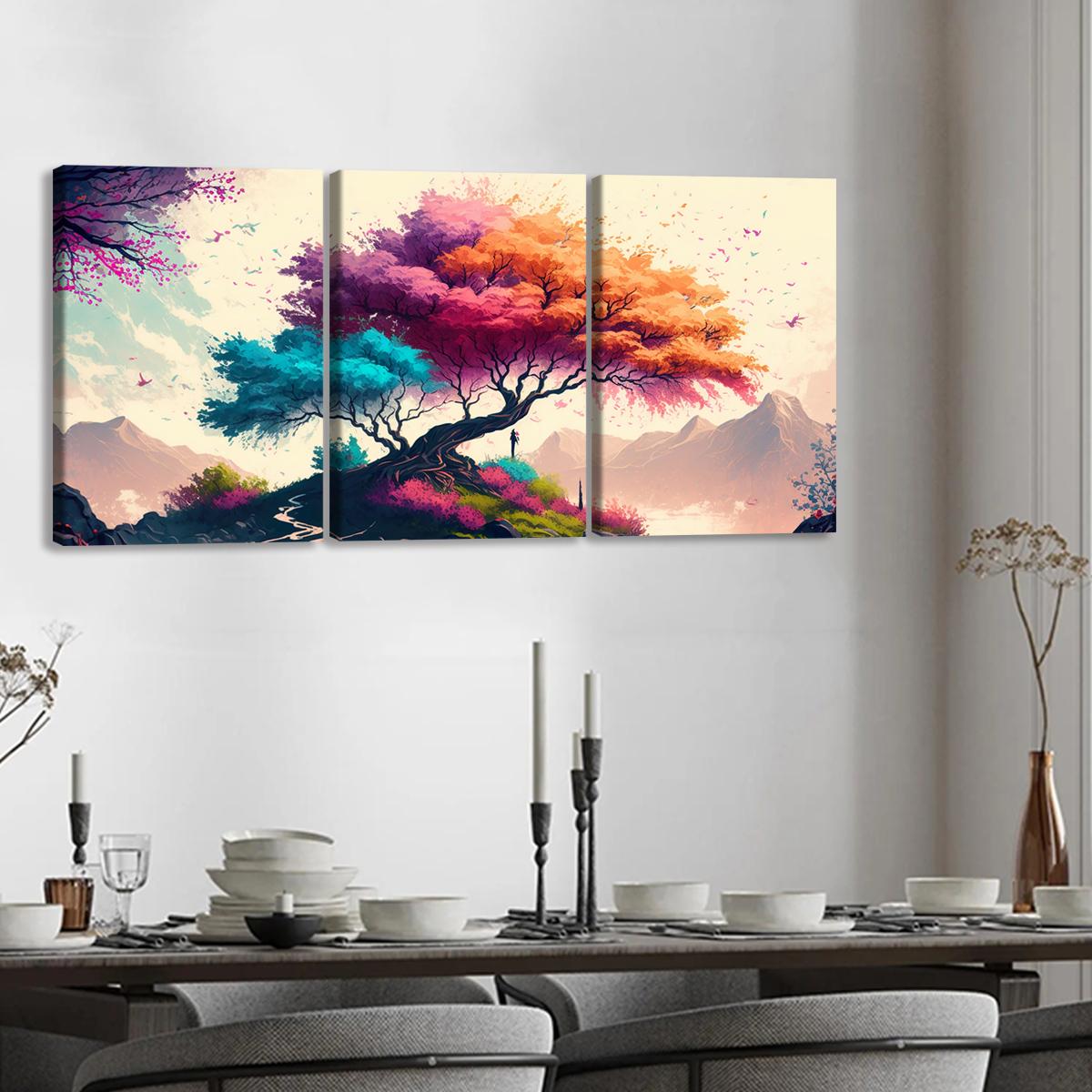3Pcs Wooden Framed Canvas Painting, Colorful Fantasy Tree And Mountain Landscape, Exquisite Poster, Home Decoration, Pattern Wall Art Decor, For Living Room, Bedroom, Office, Restaurant, Bar Wall Decor, Odorless, Painting, Print Artwork.