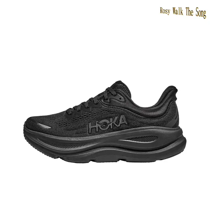 All Black Breathable Knit Mesh Unisex Road Running Sneakers Matte Grey Tone Embossed Logo Thick Layered Black EVA Cushion Midsole Shock Absorbing Long Distance Training Athletic Shoes