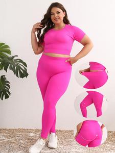 【plus size】solid round neck raglan sleeve crop top & high waist leggings tracksuit set, sporty breathable outfits for yoga gym workout running, yoga attire, sportswear sets, jogging sets for women, activewear, gym yoga clothing