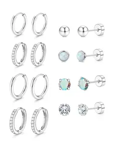 8 Pairs Silver Color Opal & Zircon Stud & Hoop Earrings, Trendy Y2K Cartilage Piercing Jewelry for Women, All Seasons Casual Style