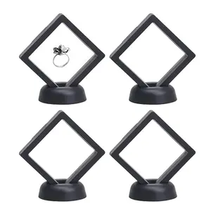 3D Floating Frame with Stand, Challenge Coin Display Holder, 4 Pack Floating Display, 2.75"x2.75" Gift Packing Frame (Black)