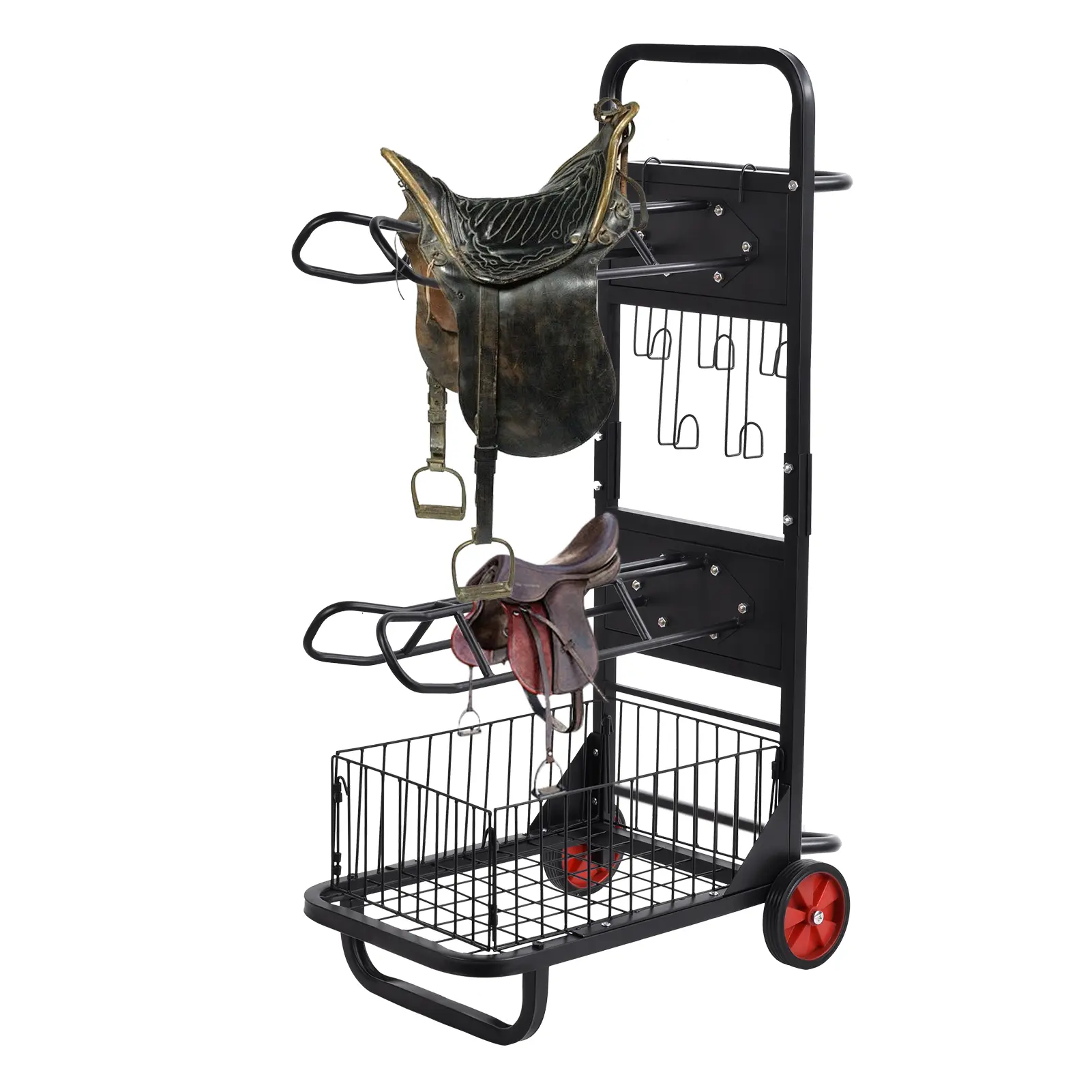 Rolling Horse Saddle Rack Cart Foldable Saddle Pad Rack Stand 3 Tier Heavy Duty with Removable Saddle Stands & Storage Basket, Horse Tack Organizer for Stable Storage, Moving, Transport Supplies