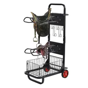 Rolling Horse Saddle Rack Cart Foldable Saddle Pad Rack Stand 3 Tier Heavy Duty with Removable Saddle Stands & Storage Basket, Horse Tack Organizer for Stable Storage, Moving, Transport Supplies