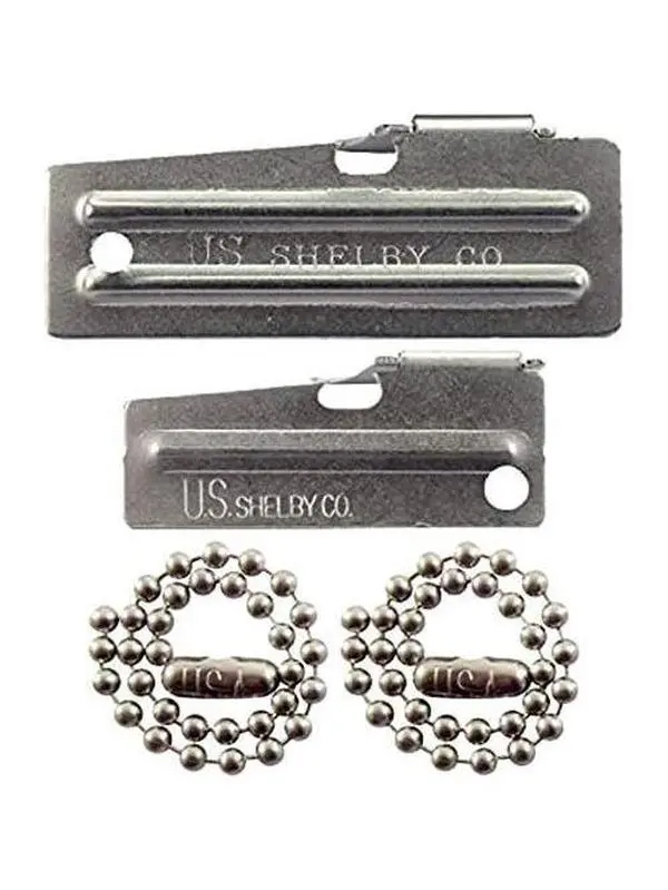 P-38 Can Opener & P-51 Can Opener with Chains,  Shelby, Stainless Steel openers Stamped with  Shelby Co.