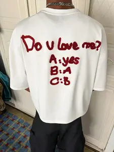 1Pcs Mens Chenille Embroidery T-Shirt | Funny Do U Love Me Slogan Casual Tee | Oversized Boxy Fit Heavyweight White Streetwear Top
