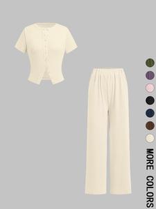 women's solid ribbed crop top & wide leg pants two-piece set, casual fashion cozy top & trousers for daily outdoor wear, ladies clothes for all seasons, lounge sets, cute two piece sets, womenswear