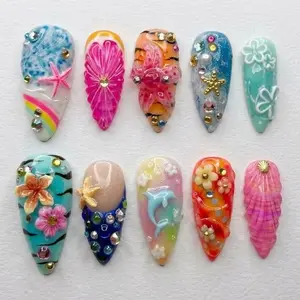 Tropical Leopard Ocean Press On Nails 3D Dolphin Starfish Shell Floral Crystal Colorful Summer