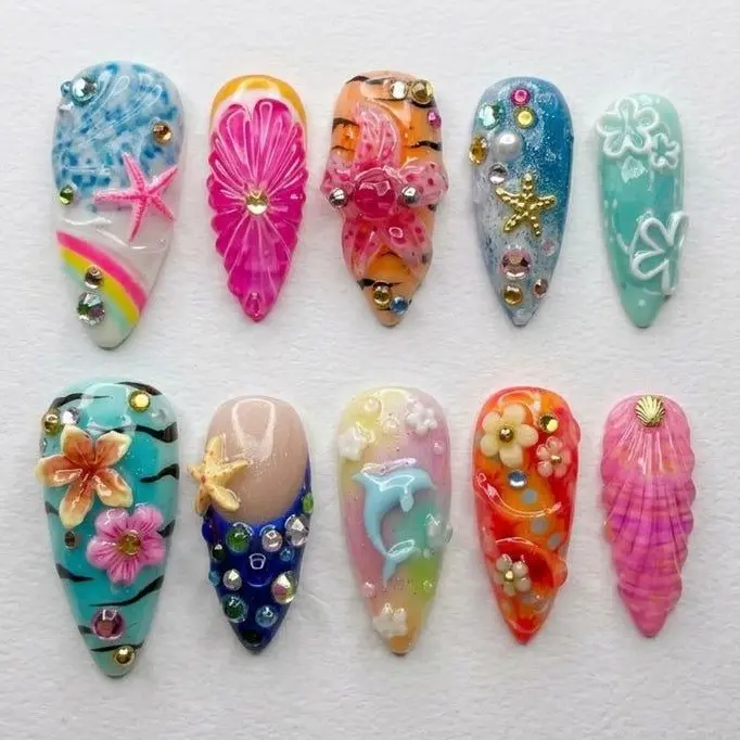 Tropical Leopard Ocean Press On Nails 3D Dolphin Starfish Shell Floral Crystal Colorful Summer
