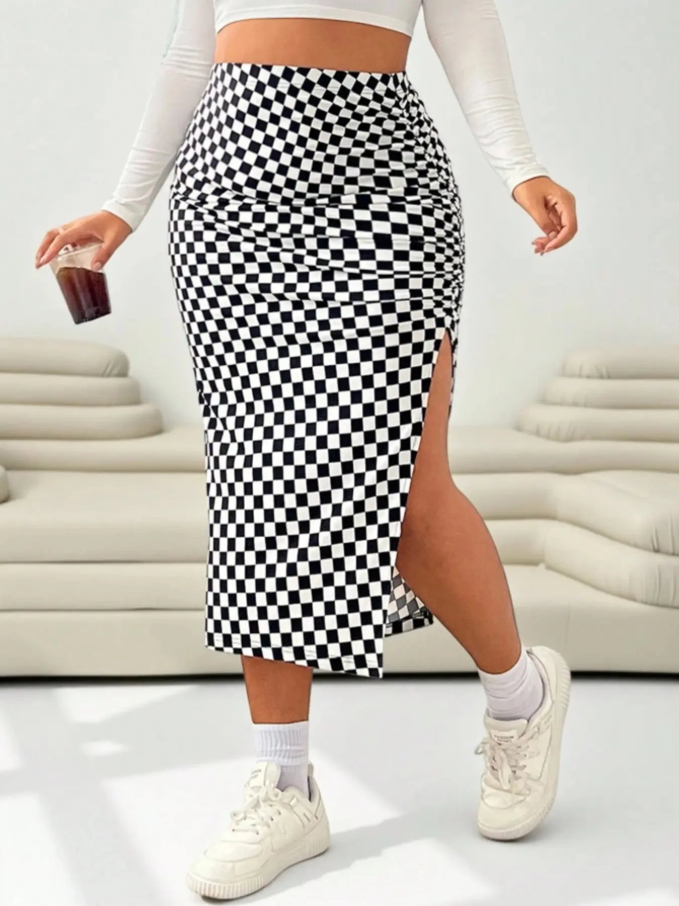 Plus Size American Retro Checkered Plaid Bodycon Skirt, Side Drawstring Adjustable Split Design, Slim-Fitting Casual Short Skirt for Plus Size Women, Side Slit Skirt, Casual Skirts