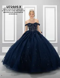 Formal Quinceanera Dress U72505XB with Off the Shoulder Sleeves See Thru Corset Ballgown Skirt & Detachable Bow