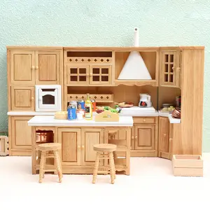 8pcs  European Vintage Island Kitchen Set in Natural Wood 1:12 Miniature Includes Sink Cabinet Stove Counter 4 Stools, Perfect Gift