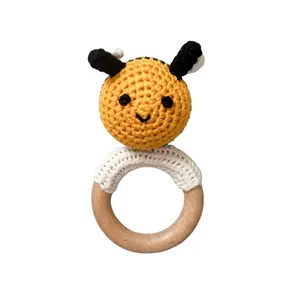 Baby Crochet Bee Wood Rattle Teether, Cotton + Natural Wood Ring, Safe Non-Toxic BPA Free Sensory Toy for Newborns and Infants, Yellow, 2.5 in