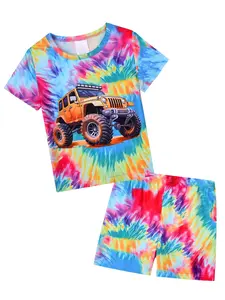 Boy Short Sleeve Pajama Set, Off-Road Car Pattern Print, Casual Comfort Home Wear, Fitted H-Type Silhouette, Perfect for Relaxing at Home