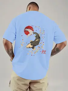 Japanese Koi and Cherry Blossom Print Men's T-Shirt, Breathable Heavyweight Short Sleeve, Streetwear for Music Festivals and Daily Wear
