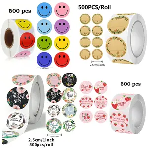500pcs Floral Strawberry Smiley Thankyou Roll Stickers Series, Seal Cup Laptop Travel Bag Notebook DIY Decorative Stickers Birthday Gift, Round Label