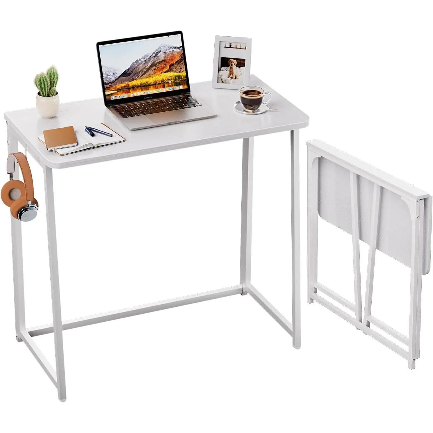 Folding Desk, 31.5" Small Desk for Small Spaces, Easy Assemble Foldable Computer Desk for Laptop, Mini Portable Working Table Narrow Wooden Writing Workstation for  Office, White