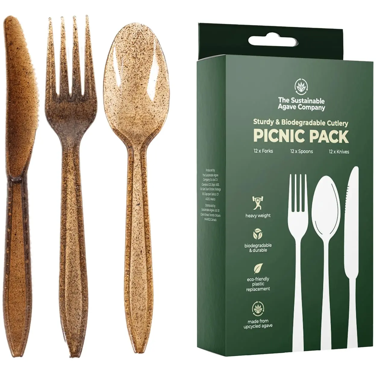 Sustainable Agave Co - 12 Sets (36 Pieces) Agave Fiber Cutlery - Biodegradable Plant-Based, Made from Upcycled Materials - Brown Forks, Knives, Spoons