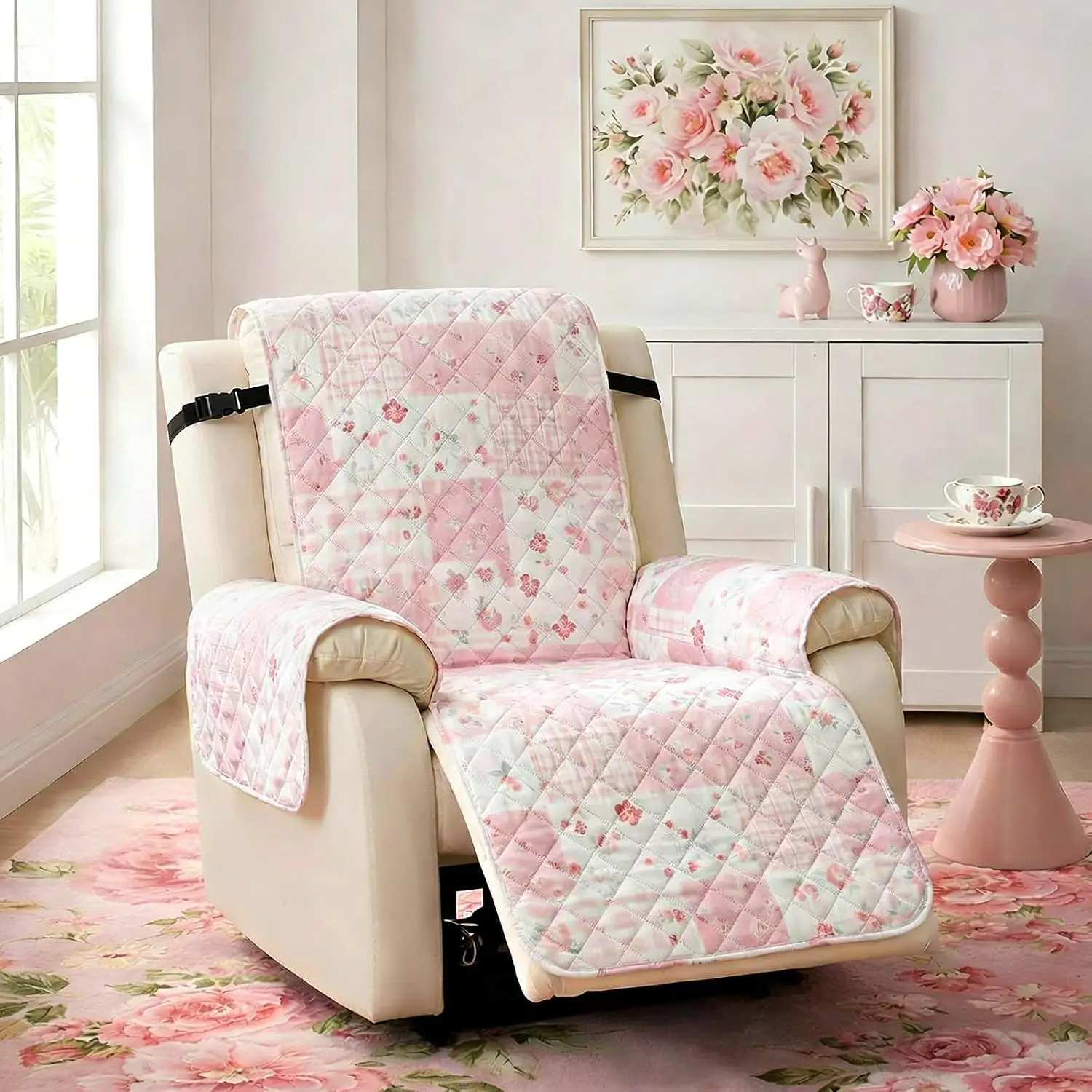 Beddora Pink Patchwork Recliner Chair Cover Flower Recliner Slipcover | Patchwork Quilted Recliner Cover, Washable, Non-slip, Elastic Straps, Furniture Armchair Protector, Adults Pets Dogs