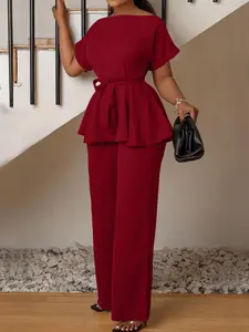 Women's Elegant Plus Size Plain O-Neck Top with Belted Waist, Wide Leg Pants Set, Casual Everyday Short Sleeve Tee, Fitted Style Womenswear