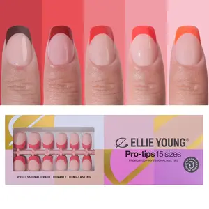 ELLIE YOUNG PRO-TIPS Short Square Red Pastel French Tips, 150pc Press-On Nails Kit – 15 Sizes, Matte Gel Acrylic Look, Soft Gel DIY Extensions