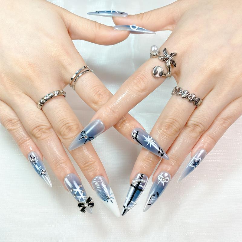 Reusable Press-On Nails Glossy Gel Finish Short Coffin Almond Easy Apply Remove Strong Hold Nail Kit for DIY Home Manicure with Nail File Glue and Storage Box