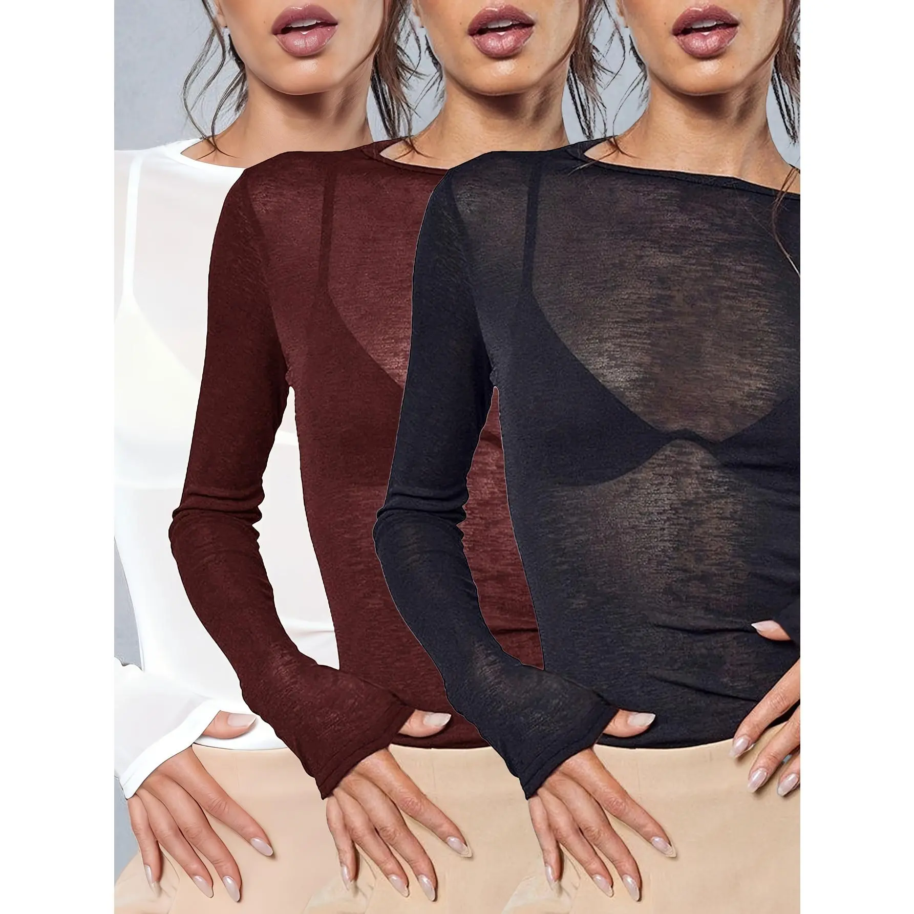 3pcs Women's Sheer Semi-Sheer Long Sleeve T-Shirts - Y2K Slim Fit Layered Tops with White//Nude Pink Colors, Round Neck Blouses for Layering (Casual & Formal) - Machine Washable All-Season Elegant Wardrobe Essentials