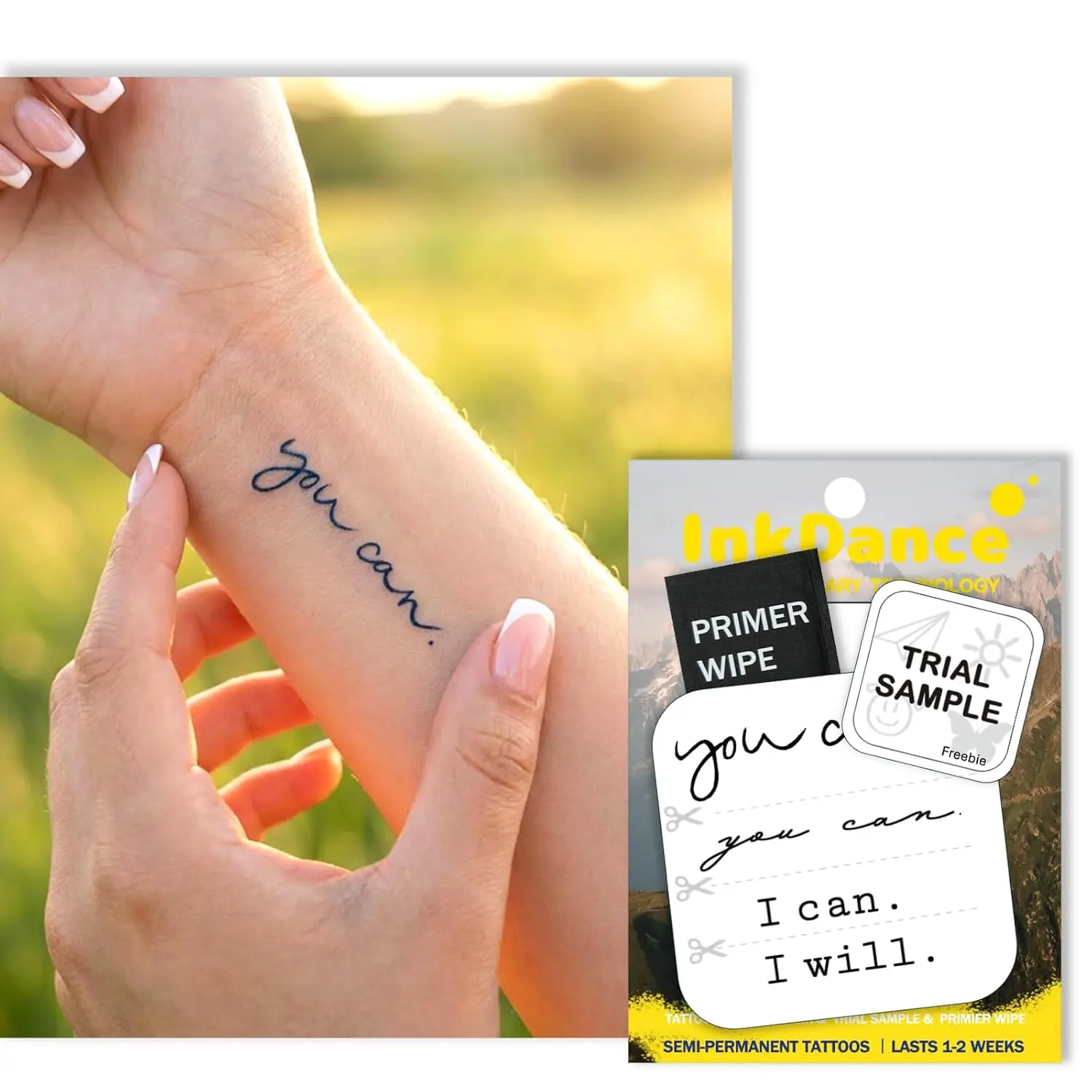 Semi-Permanent Tattoo, You Can, I Can, I Will, Long Lasting Temporary Tattoos, Waterproof Plant-Based Ink, Lasts 1-2 Weeks, Color Develops in 24 Hours MNF195, Set of 4