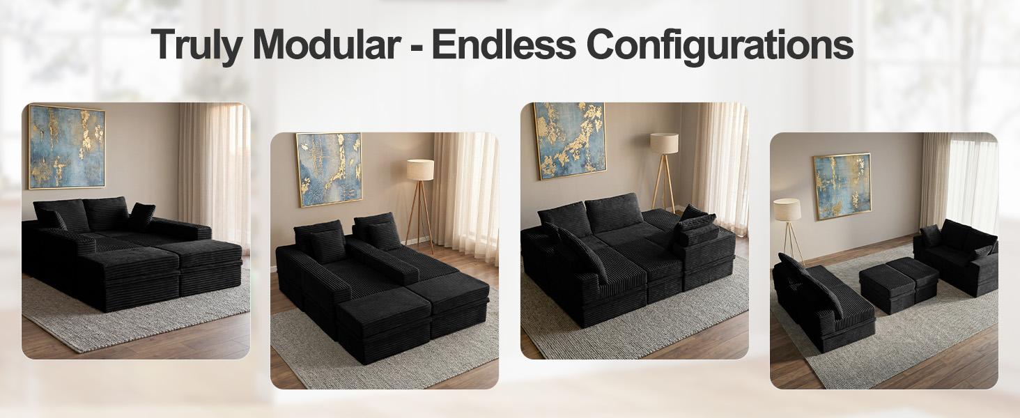 【3 Packages Shipping】NABUMI 142" Modular Sectional Sofa with Storage, Oversized U-Shaped Cloud Couch with Ottoman, 27" Deep Seat Memory Foam Corduroy  6 Seater U Shaped Couch, Free Combination, Tool-Free Assembly, Black BeigeDark Gray Green