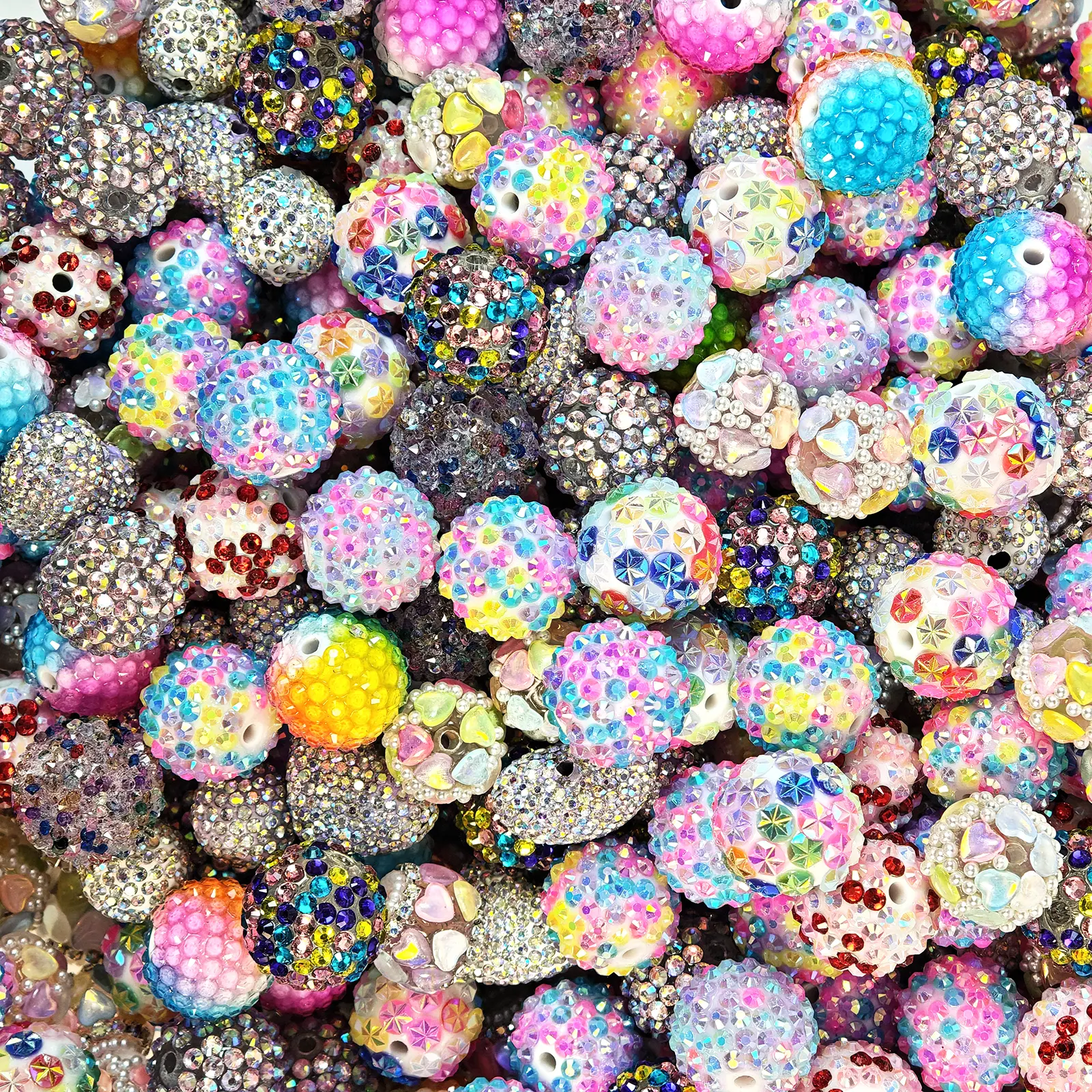 10Pcs Random Color Sparkly Rhinestone Resin Bubble fancy Beads, Mixed Round Heart Crystal Beads, Ins DIY Pen Bracelet Charms for Valentine Birthday Girly Crafts